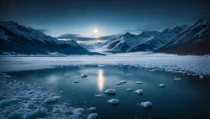 Frozen lake under the moonlight, A frozen lake surrounded by snow-covered mountains illuminated by the glow of a full moon, exudes a sense of tranquility and mystery, generative Ai