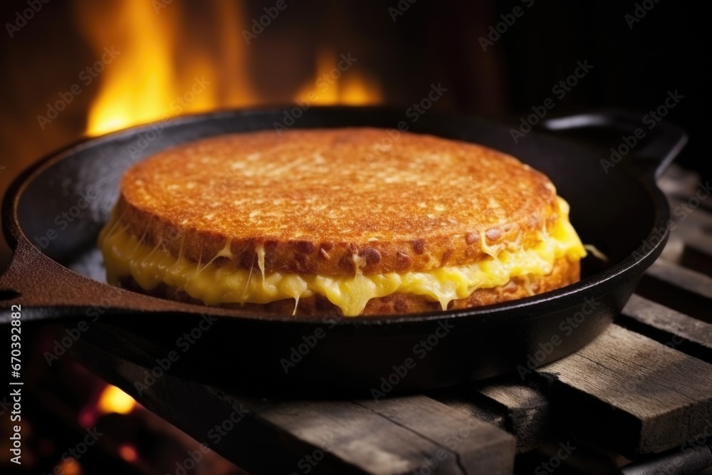 Sticker close-up of a cheese sandwich under a cast iron press