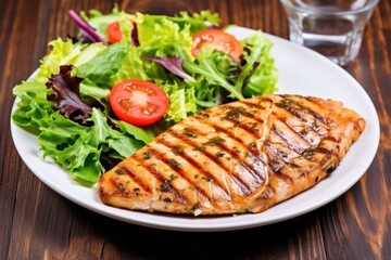 healthy grilled salmon steak with a green salad