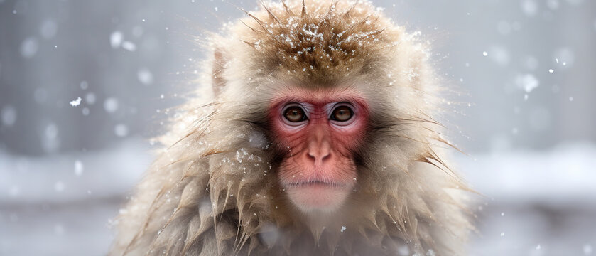 Front view of a snow monkey on winter background. Wild animals banner with empty copy space