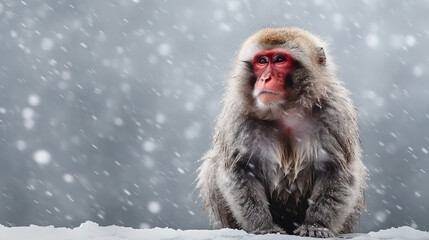 Front view of a snow monkey on winter background. Wild animals banner with empty copy space