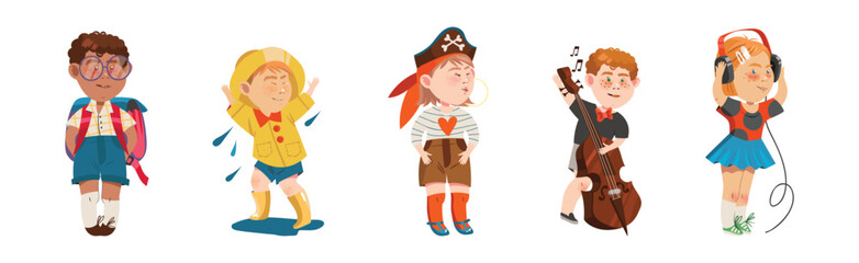 Little Kids Engaged in Different Recreation Activity Vector Set