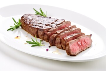 a grilled sirloin steak served on a white plate