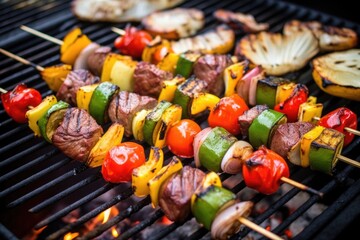 grilled steak, skewers, and chops on a summer bbq