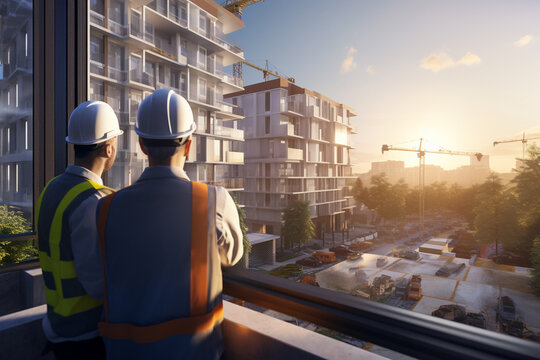 Illustration of A pair of dedicated engineers vigilantly supervise the construction of a towering building, aiming for the most favorable results. Generative AI.