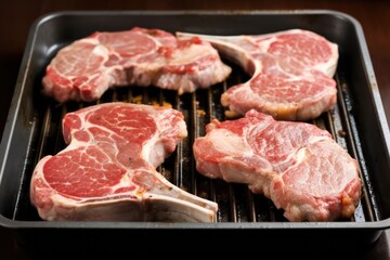 veal chops in a grill pan, fresh off the heat