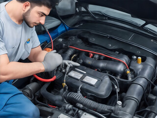 Technician Hands of car mechanic working repair in auto repair Service electric battery and Maintenance of car battery. Check the electrical system inside the car.