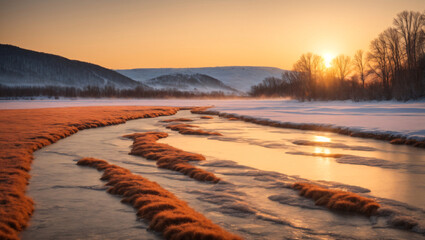 Frozen river at sunset, A frozen river stretching into the distance, with the setting sun casting a warm, orange glow on the icy surface, conveys a sense of serenity and natural beauty, generative Ai