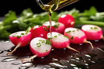 close-up view of olive oil drizzling on grilled radishes