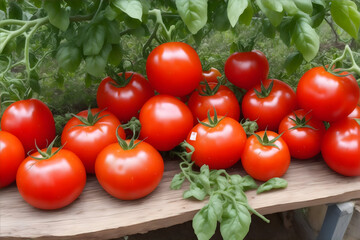 Fresh tomatoes picked from the bush. AI generative.