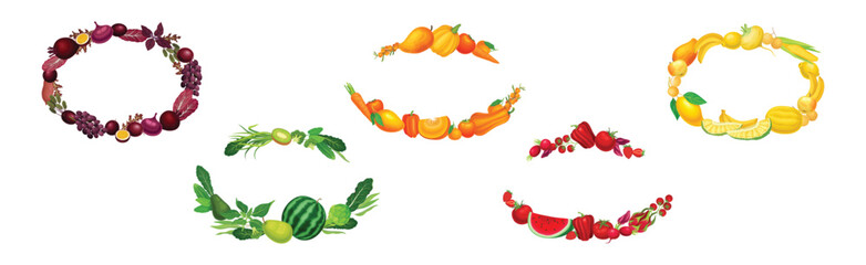 Fruit and Vegetable Wreath with Fresh and Ripe Garden Crops Vector Set