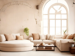 Loft home interior design of modern living room. beige sofa with terra cotta pillows against arched window near stucco wall with copy space.