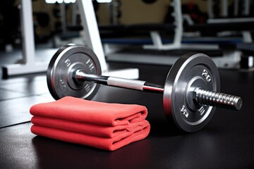 Fototapeta premium weights alongside a sweat towel on a gym floor