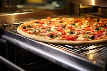 pizza baking in a conveyor oven