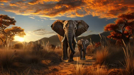 Küchenrückwand glas motiv African elephant family in front of the stunning savanna sky at sunset © senadesign