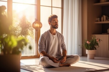 Healthy serene young man meditating at home, relaxing body and mind sitting on floor in living room. Mental health and meditation for no stress. - obrazy, fototapety, plakaty