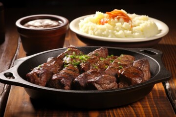 sizzling ribs with side of mashed potatoes