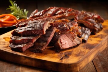 close-up of hickory-smoked ribs on wooden board