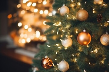 Obraz na płótnie Canvas christmas tree decorated with shiny baubles and lights
