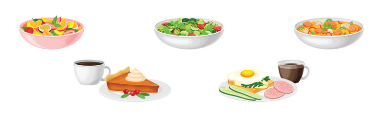 Nutritious Tasty Dishes Served on Plates Vector Set