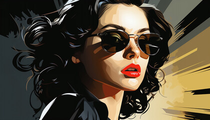 Digital illustration of a glamorous woman with wavy hair, wearing oversized sunglasses, set against an abstract background of dark and warm tones.