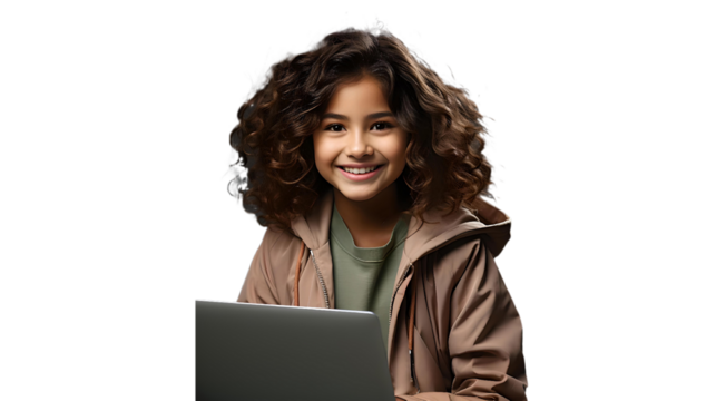 a happy schoolgirl studying with a laptop. She seems engaged and cheerful in her learning on e-learning or education technology approach to modern education. transparent and isolated background