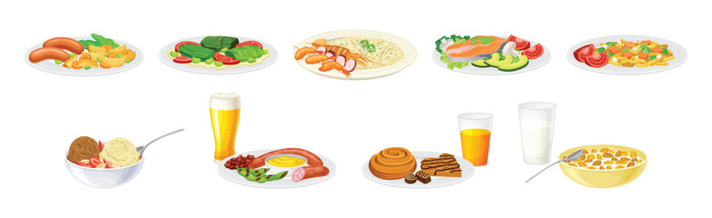Nutritious Tasty Dishes Served on Plates Vector Set