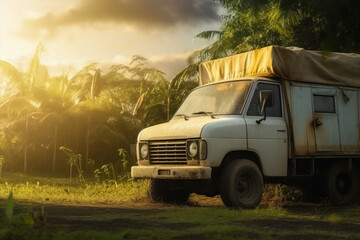 a truck in the forest, in the style light amber
