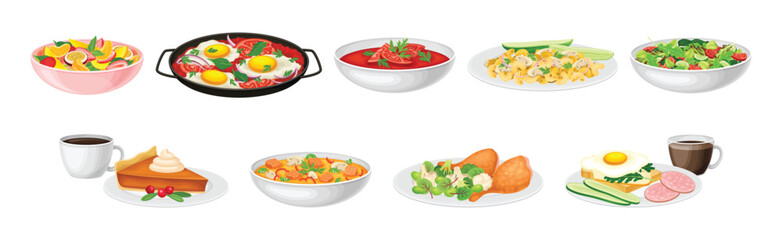 Nutritious Tasty Dishes Served on Plates Vector Set - obrazy, fototapety, plakaty