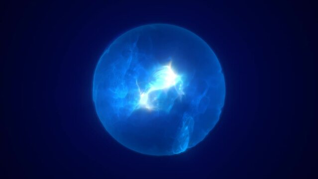 Energy abstract blue sphere of rapidly shimmering glowing liquid plasma, electric magic round energy ball with bursts of energy background