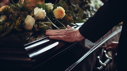 The Last Farewell, Hands on the coffin during the funeral. Generative AI
