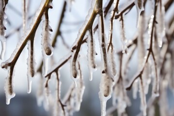close up of icicles hanging from a vine - obrazy, fototapety, plakaty