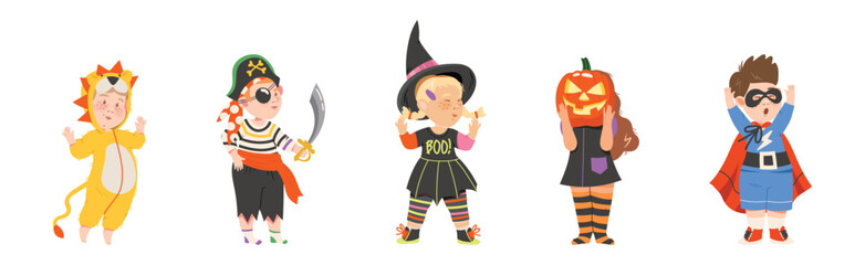 Little Kids in Halloween Costume and Dress Vector Set