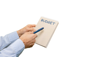 Man with planning notebook doing optimization of financial expenses isolated on white, ready to be...