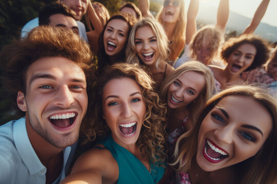 High angle happy friends partying taking selfie