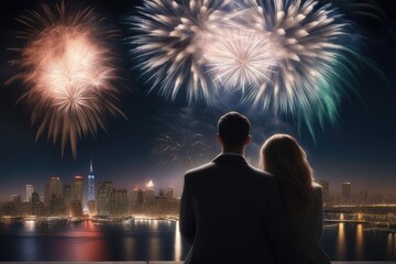 Fototapeta na wymiar couple sitting in front of fireworks over the city