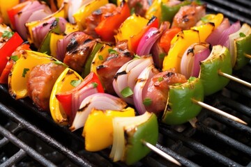 close up of mixed veg and meat kebab