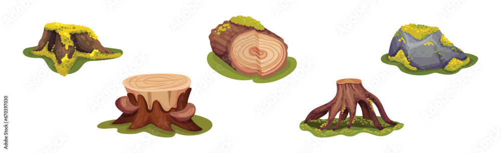 Poster forest landscape elements with log, stone and tree stump vector set