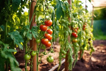 a vegetable patch with ripe tomatoes dangling