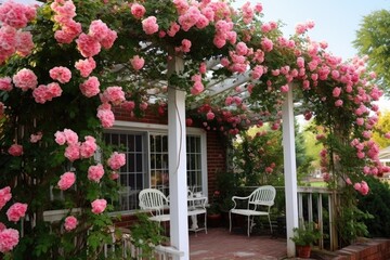Obraz premium a pergola with climbing roses in full bloom