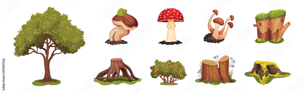 Poster forest landscape elements with tree, stump and mushroom vector set
