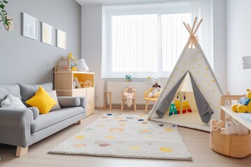 decorative baby room with colorful toys and furniture - obrazy, fototapety, plakaty