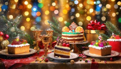christmas cake with candles and decorations