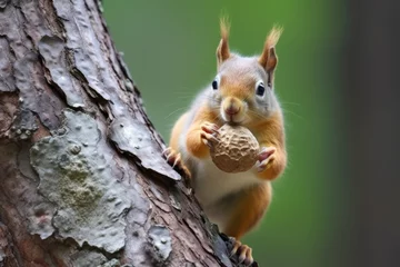 Tableaux ronds sur aluminium Écureuil squirrel carrying nut to nest for offspring