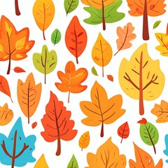 Fototapeta premium Autumn leaves pattern. Falling leaf seamless background with Oak, maple, chestnut, linden, aspen, walnut and rowan foliage in cartoon style. Autumn mood forest print, generative AI