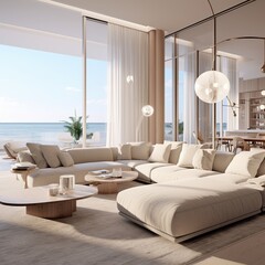 illustration of Photorealistic rendering of a living room in beach, Generative ai