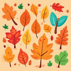 Fototapeta premium Autumn leaves pattern. Falling leaf seamless background with Oak, maple, chestnut, linden, aspen, walnut and rowan foliage in cartoon style. Autumn mood forest print, generative AI