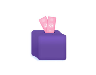 3D illustration of putting a pink dollar bill into a savings box or piggy bank box. saving, saving money, depositing, or investing. Minimalist 3D design. vector elements. white background