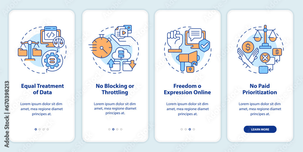 Poster 2d linear icons representing cyber law mobile app screen set. walkthrough 4 steps multicolor graphic