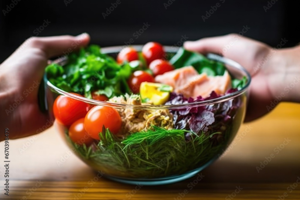 Sticker hand placing tomato slice on nicoise salad in a transparent bowl